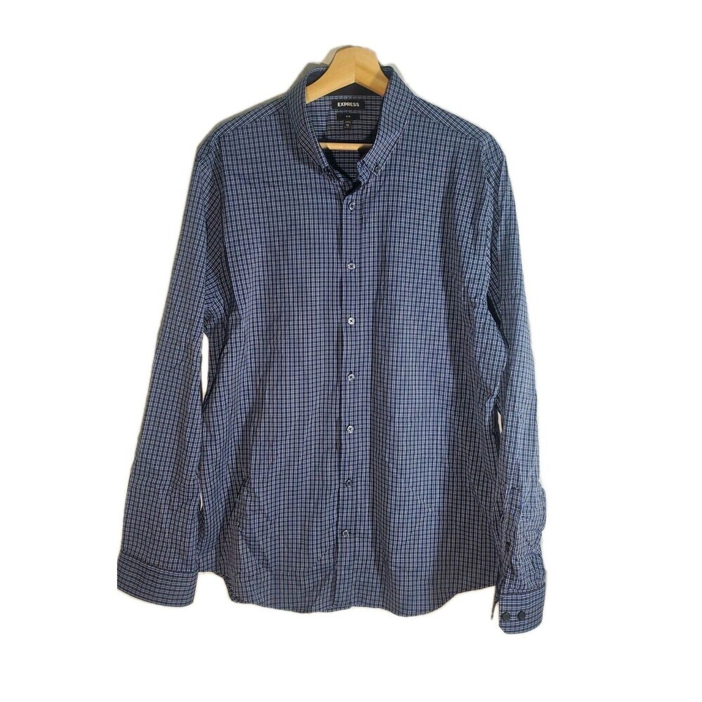 Express Slim Blue Gingham Mens‎ XL Dress Shirt Stretch
